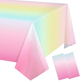 Calkkrer Pastel Rainbow Tablecloths 137 x 274 cm, Colourful Tablecloth Birthday Girl Table Decoration Children's Party Wax Tablecloth Wedding Tablecloth Rainbow Decoration Pack of 2