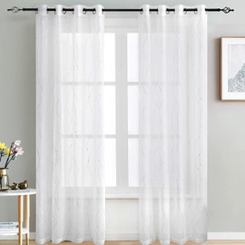 SMILE WEAVER White Sheer Curtains 63 Inch Length for Living Room,Silver Print Light Filtering Semi Sheer Curtains for Bedroom,Privacy & Light Weight Voile Transparent Grommet Window Drapes 2 Panels