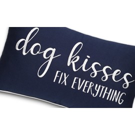 Rudransha Dog Kisses Fix Everything Embroidered Lumbar Accent Throw Pillowcase - Gift for Pet Lover, Home Decor - 12x20 Inches, Navy Blue