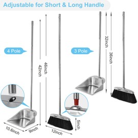 VOOWO Heavy Duty Broom and Dust pan Set, Stainless Steel Broom and Dustpan Set with Long Handle, Broom with Dustpan Set for Home Standing Dust Pan Indoor Outdoor Brooms Dustpan
