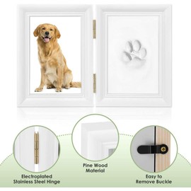 Mikytoper Dog and Cat Paw Print Set,Wooden Photo Frame,3D Plaster Cast - Keepsake Box,Pet Pawprints Photo Frame and Impression Set,Wall Decor (White)