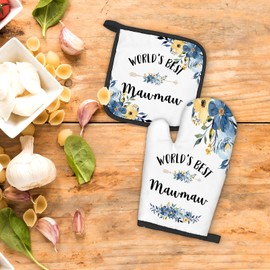 FIicy Mawmaw Gifts Oven Mitts and Pot Holders Sets, Gifts for Mawmaw from Grandkids Kitchen Decor Accessories Sets, World’s Best Mawmaw Heat Resistant Oven Glove Potholders for Kitchen Cooking