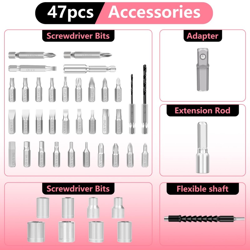 Electric Screwdriver 3.7V Pink USB Small Power Screwdriver Set. Cordless