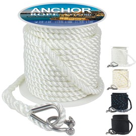 Anchor Rope 50 ft X 1/2 inch, 3-Strand Twisted Nylon Anchor Line, Boat Rope with Stainless Steel Thimble and Shackle for Boating, Anchoring, Mooring,Pulling (White)
