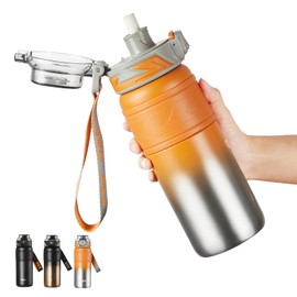 TKK 24 oz Insulated Water Bottle with Straw, Leak Proof Stainless Steel Double Wall Vacuum Bottles with Strap, Reusable Metal Sports Water Bottle for Hot & Cold Drinks, Dishwasher Safe, Orange