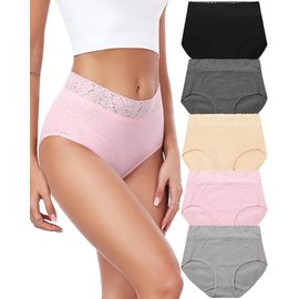 RHYFF Womens Underwear Cotton Lace Panties High Waist Panty Soft Breathable Ladies Hipster Full Coverage Briefs S-3XL（R6006L-Pink）