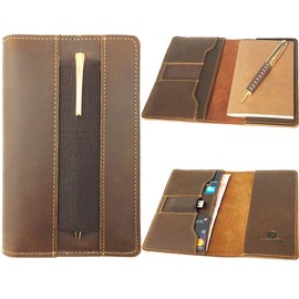 Leather Field Notes Cover, Moleskine Cahier Journal Cover | Handmade Vintage Leather Cover for 3.5" x 5.5" Brown Pocket Field Notebook & Small Notepad | Incl Pen + Field Note Booklet Pen Card Holder