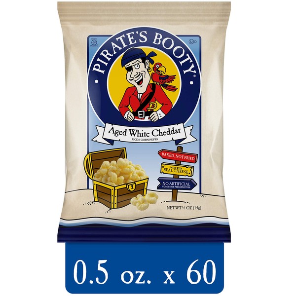 Pirate's Booty Aged White Cheddar Cheese Puffs, 60ct, 0.5oz Individual Snack Size Bags, Gluten Free, Healthy Kids Snacks, 100 Calorie Snack Packs