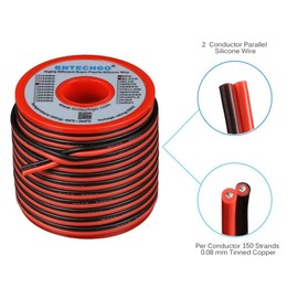 BNTECHGO 18 Gauge Flexible 2 Conductor Parallel Silicone Wire Spool Red Black High Resistant 200 deg C 600V for Single Color LED Strip Extension Cable Cord,Model,50ft Stranded Tinned Copper Wire