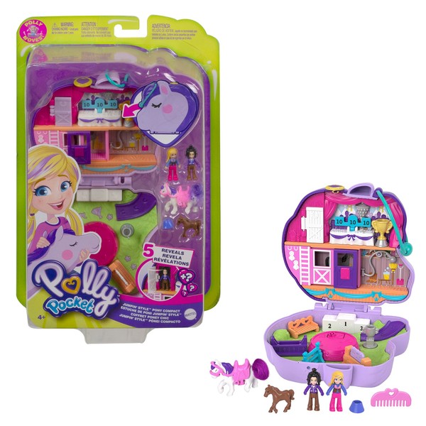 Polly Pocket Compact Playset, Jumpin' Style Pony with 2 Micro Dolls & Accessories, Travel Toys with Surprise Reveals