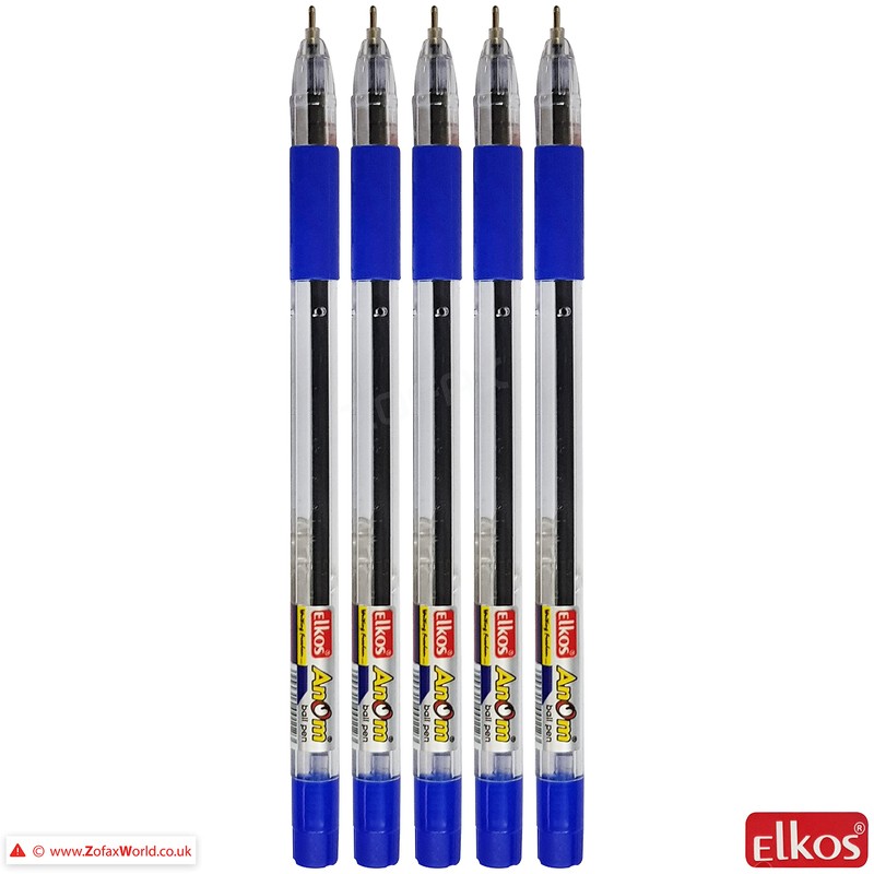 ELKOS BLUE Ballpoint Pens, 0.7mm Fine Point, Pack of 5,