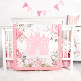 TANOFAR 4-Piece Crib Bedding Set for Baby Boy Girls, Floral Castle Nursery Bedding Set Includes Comforter, Fitted Crib Sheet, Crib Skirt, and Diaper Stacker, Pink