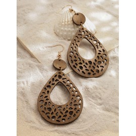 MINACHI Vintage Large Brown Wooden Teardrop Cutout Dangle Drop Earrings with Geometric Detail, Statement Jewelry Gift for Women
