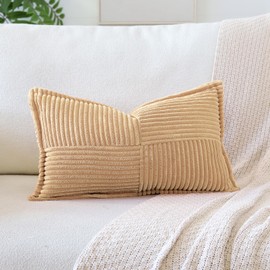 OTOSTAR Striped Corduroy Throw Pillow Covers with Splicing Super Soft Boho Pillow Covers Broadside Decorative Textured Throw Pillows for Couch Sofa Bed Living Room 12x20 Inch, Khaki