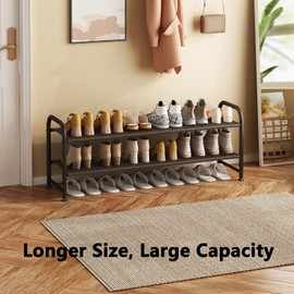 INGIORDAR Shoe Rack 2 Tier Long Storage Organizer Wide Metal Shoe Shelf for Closet Entryway Brown