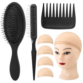 3Pcs Wig Brush for Synthetic Hair with 4Pcs Wig Cap and Wide Tooth Hair Comb No More Hair Pulling
