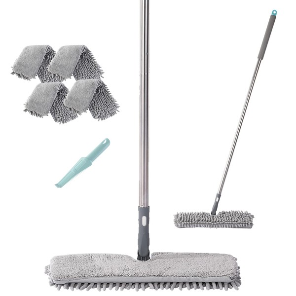 Lintimes 2-in-1 Floor Mop with 4 Double-Sided Mop Pads, Mop Set for Wet/Dry Use, Microfibre Cloth and Chenille Fabric, Mop for All Floor Types, Grey and Blue