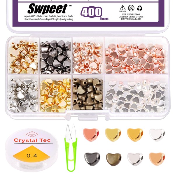 Swpeet 402 Pieces 8 Colours Heart Beads for Jewellery Making,