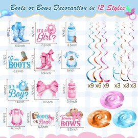 Pajean 54 Pcs Boots or Bows Gender Reveal Decorations Boy or Girl Hanging Swirls Decorations Western Cowboy or Cowgirl Hanging Streamers for Western Gender Reveal Baby Shower Party Decor Supplies