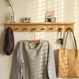 XAOMLP Entrance Coat Rack ，Coat Hooks, Wall-Mounted Wooden Hook Rack, Wall-Mounted Shelves are Very Suitable (Oak Color, 2)