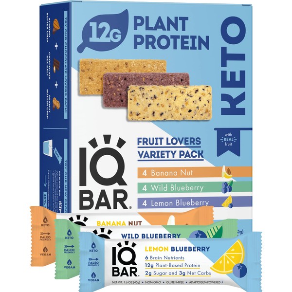 IQBAR Brain and Body Keto Protein Bars - Fruit Lovers Variety Keto Bars - 12-Count Energy Bar Pack - Low Carb Protein Bars - High Fiber, Gluten Free and Low Sugar Meal Replacement Bars - Vegan Snacks