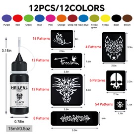 HEILFNL Temporary Tattoo Kit 12 Colors Temporary Tattoo Ink,111 Pcs Stencils Kit for Body Paint Fake Tattoos,DIY Art Painting Party for Women Man
