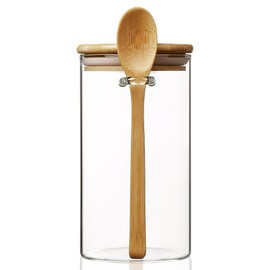 MOLADRI 34 oz/1000 ml Glass Storage Canister with with Airtight Lid, Cute Clear Decorative Container Jar with Wooden Spoon for Coffee Spice Candy Salt Cookie Condiment Sugar Matcha Tea Overnight Oats
