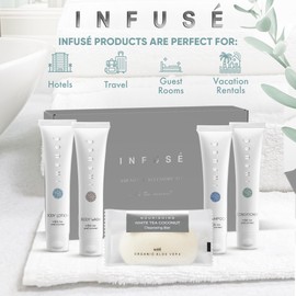 Infuse Amenity Kit | Hotel Bulk Toiletries | 1 oz Shampoo, Conditioner, Lotion, Body Wash, Cleansing Bar Soap for Guest Hospitality Vacation Rentals | 1 Set/Case
