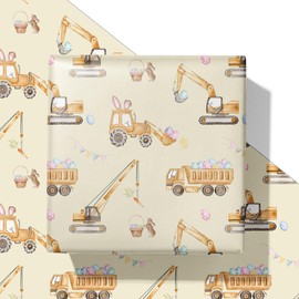 SaringSwoon Construction Easter Wrapping Paper for Boys Girls Kids- Gift Wrap With Trucks, Bulldozer with Bunny Ears，Bunnies, Carrot and Eggs for Holiday, Baby Shower - 28x40 Inches, 4 Folded Sheets