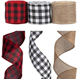 AIEX 3 Rolls Christmas Wired Ribbons, 2.5”x10 Yards Black Red/Black White Buffalo Plaid Ribbons and Natural Burlap Ribbon for DIY Craft, Gift Wrapping, Christmas Wedding Craft Decorations