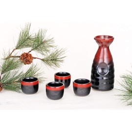 Hinomaru Collection Reactive Glaze Japanese Sake Set Tokkuri 10 fl oz Bottle with Four Sake Ochoko Cups 2 fl oz Drinkware (Red Black)