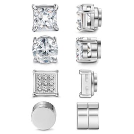 Sanfenly 4 Pairs Stainless Steel Magnetic Stud Earrings for Men Women Silver Tone CZ Non-Piercing Clip On Stud Earrings Set 6-8MM