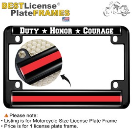 Motorcycle Metal License Plate Frame with Support Firefighters Duty Honor Courage Thin Red Line (Stripe) Fire Service Design - Black