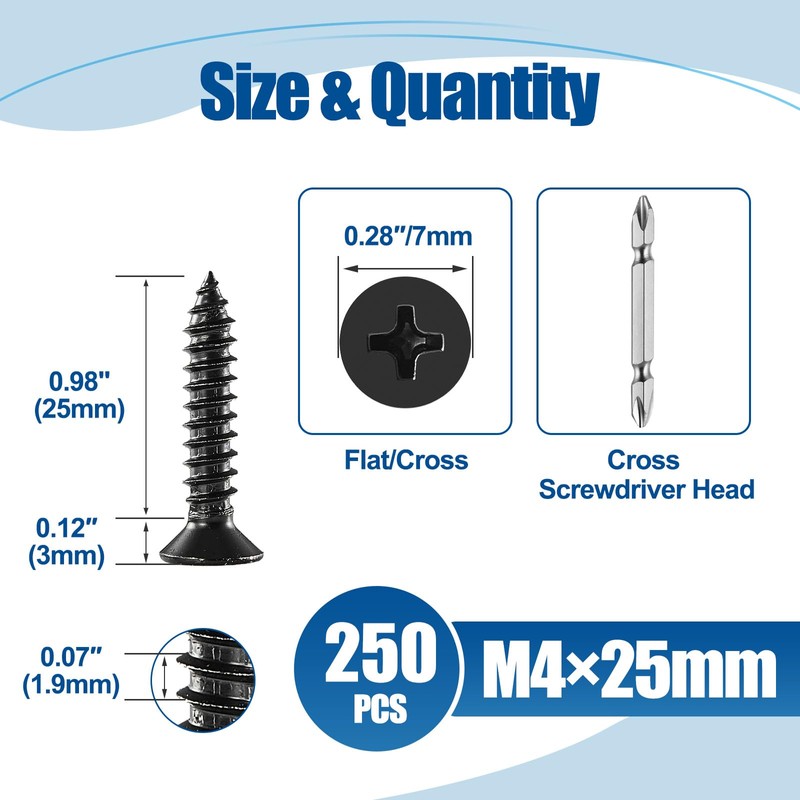 ANCHOREASE M4×25mm Wood Screw 250Pcs, Black Carbon Steel Self Tapping
