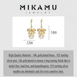 MIKAMU 14K Gold Ribbon Bow Stud Earrings for Women CZ cubic zirconia Gold Plated Dainty Pearl Earring for Women Jewelry (gold)