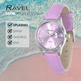 Ravel Plus - Women's 34mm Round 3ATM Calendar Watch with Sapphire Coated Lens and Sunray Dial - Japanese Analogue Quartz - RPD-006L - Purple/Purple Dial
