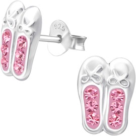 JAYARE Children's Earrings Girls Ballerina Shoes Stud Earrings Silver 925 Sterling Silver Ballet Stud Glitter Crystals Pink, Sterling Silver, Crystal