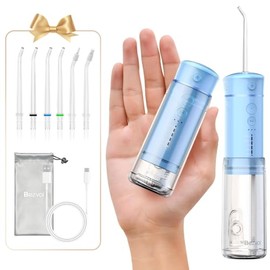 Bezvoi Irrigador de agua inalámbrico para viajes, mini irrigador oral con tanque de agua telescópico, 5 modos, 6 puntas de chorro, IPX7 impermeable,