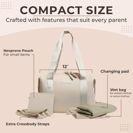 BUNSO Baby Diaper Bag Tote - Premium Neoprene Baby Bag for Mom with Portable Changing Pad & Pouch - Lightweight and Water-Resistant Diaper Tote - 12 x 7 x 8 Inches - Cream