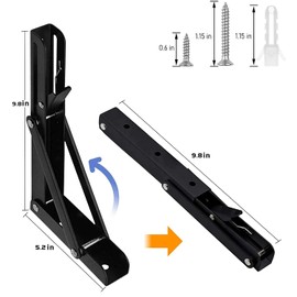Folding Shelf Brackets - 10 Inch 2 Pcs Heavy Duty Metal Collapsible Triangle Shelf Bracket, DIY Wall Mounted Foldable Shelf Bracket, Space Saving for Bench Table with Screws