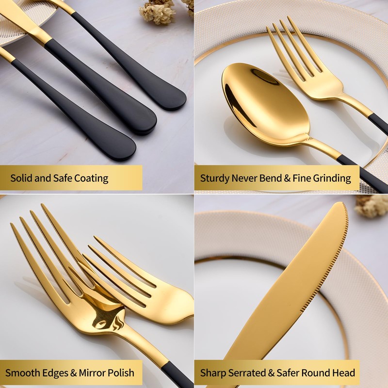 Moxinox 20-Piece Black & Gold Silverware Set, 18/0 Stainless Steel
