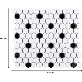 Tenedos USCT 1x1 Hexagon White with Black Dot Matte (Exact Hex Size 7/8") Porcelain Mosaic Floor Wall Tile Backsplash (5 Sheets/case) for Kitchen, Bathroom Shower, Accent Decor, Fireplace, Flooring