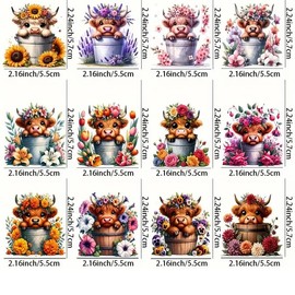 12pcs Highland Cow and Floral Pattern Theme UV DTF Cup Wraps Winter UV DTF Transfer Sticker for Glass Cups Furniture Craft DIY Crafts，Rub on Stickers for DIY Water Bottle Laptop Decal Wood Car