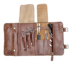 Leather Hairdressing Scissor Case - Shears Tool Roll for Barbers Hairdressers Scissor Wallet in Brown