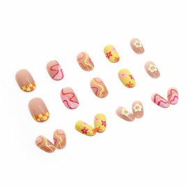 Short Oval Press on Nails Yellow Round Fake Nails Acrylic Nails with Multicolor Rippled Curved French Tips Flower Smiley Face Designs Nude False Nails Glue Stick on Nails for Women Girls 24 Pcs