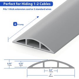 Floor Cord Cover 4ft, Cord Hider Floor Hide Extension Cords, Floor Cable Management Prevent Cable Trips, Floor Cable Cover Wire Covers for Cords, Cable Protector Cord Cavity W0.6in x H0.32in Gray