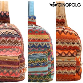Ethnic Tribal Pattern Soft Fabric Handmade Convertible Zipper Sling Backpack, Lightweight Travel Adjustable Strap Crossbody Bags (Orange)