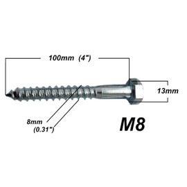 Coach Wood Screws Hex Head Width 13mm Zinc Plated Steel Screw Hexagon Lag Bolts Silver Long M8 (4" x 0.31") 8mm x 100mm Box of 5pcs