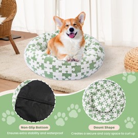 Maansfy Calming Dog Bed for Small Medium Dogs, Donut Cat Bed, Warming Round Cushion for Indoor Cats - Cozy Soft, Washable & Anti-Slip, 23 Inches (Green Puzzle)