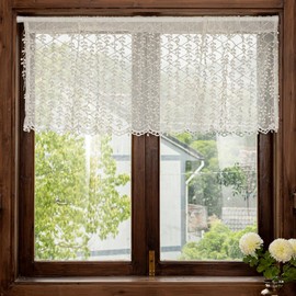 Off White Lace Valance for Windows 20 Inch Length 1 Panel Shimmer Embroidery Geometric Rhombus 3D Leafy Vine Cascading Sheer Valance for Kitchen, Privacy Scalloped Short Window Curtain, W50 x L20 Inch
